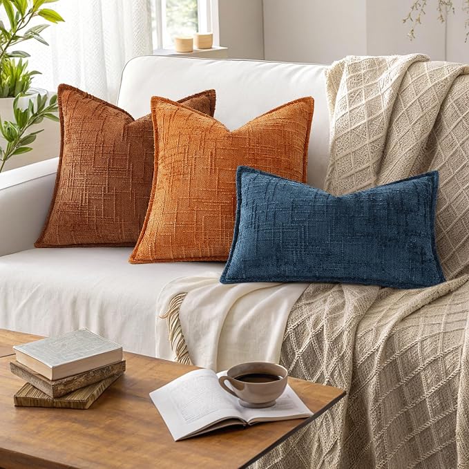 decorUhome Chenille Fall Throw Pillow Covers 20X20 Set of 2, Soft Textured Slubby Modern Decorative Pillow Covers with Elegant Design for Couch, Sofa, Living Room, Burnt Orange