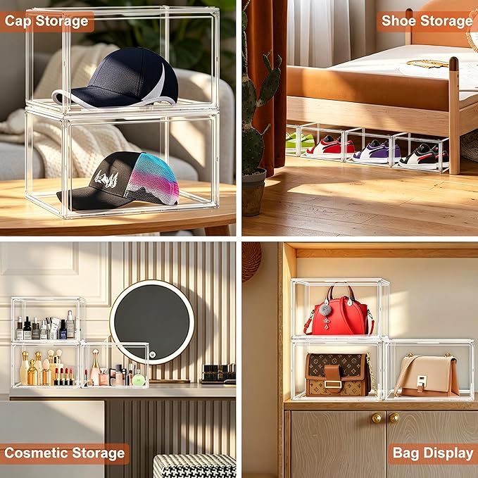 Clear Acrylic Shoe Storage Boxes 12 Pack, Size 14 Stackable Shoe Organizer with Magnetic Door, Space-Saving Sneaker Containers for Closet, Entryway, Transparent Display Case for Boots & Shoes