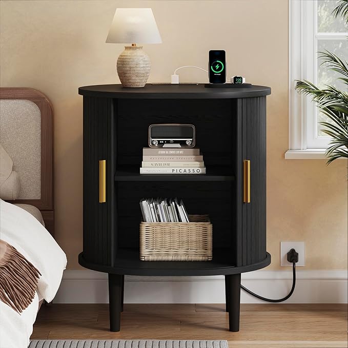 DHH Mid Century Modern Nightstand with Charging Station, Fluted Accent Side Table with Sliding Door & Adjustable Shelf, End Table for Small Space, Living Room, Bedroom,Sofa Couch (1, Black)