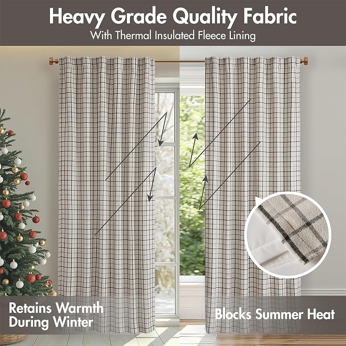Madison Park Anaheim Cabin Plaid Curtain Window, Thermal Insulated Fleece Lining, Living Room Decor Room Darkening Drape for Bedroom, 1-Single Panel Pack, 50x95, Rod Pocket & Back Tab, Black