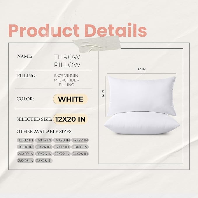 Utopia Bedding 12x20 Pillow Inserts, Set of 2, White – Indoor Decorative Throw Pillows for Bed, Sofa & Couch – Soft, Supportive & Fluffy Cushion Inserts
