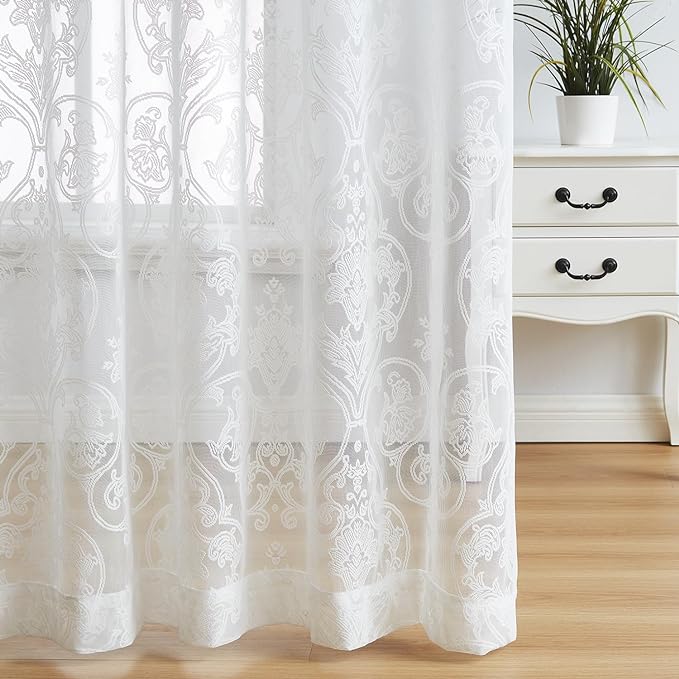 Treatmentex Lace Sheer Curtains Vintage Damask Knitted European Floral Damask White Sheer Curtains for Living Room Victorian Bedroom Kitchen 54" W by 95" L 2 Panels Rod Pocket