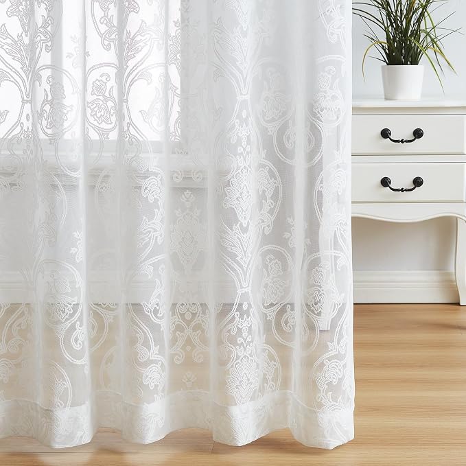 Treatmentex White Lace Curtains for Living-Room 84 inches, Sheer Lace Window Panels Victorian Vintage Floral Luxury Lace Sheer Window Drapery for Bedroom Kitchen 2 Panels Rod Pocket 54 W