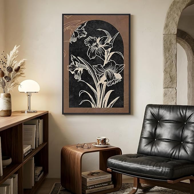 Framed Boho Floral Wall Art for Living Room, Abstract Black Brown Flower Canvas Paintings Prints Artwork for Walls, Mid Century Modern Bohemian Pictures Wall Decor for Bedroom Home Office, 24x36 Inch
