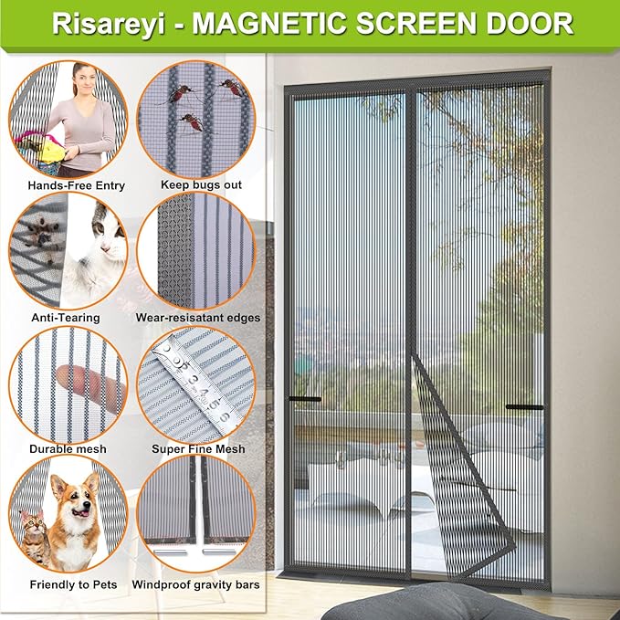 Risareyi Magnetic Screen Door Heavy Duty, Front Door Screen Magnetic Closure Thicken Tear-Resistant Mesh Keep Bugs Out, Grey - Net Curtain Itself Size 26" x 70"