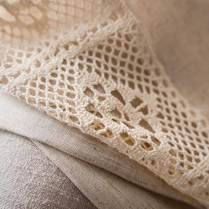 Sutuo Home Boho Linen Curtains for Kitchen Bedroom, Bohemian Semi Sheer Crochet Hollow Lace Patchwork with Textured Fabric Vintage Chic Handmade Tassels Rod Pocket Window Drapes, 59"W x 63"L, 1 Panel