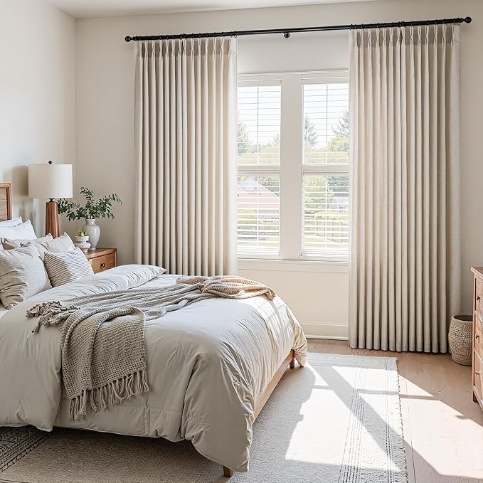 Natural Linen Pinch Pleated Curtains 96 Inches Long 2 Panels for Living Room Bedroom Memory Training Shaped Semi Sheer Beige Oatmeal Pleat Drapes with Hooks Rings Light Filtering Window Curtain