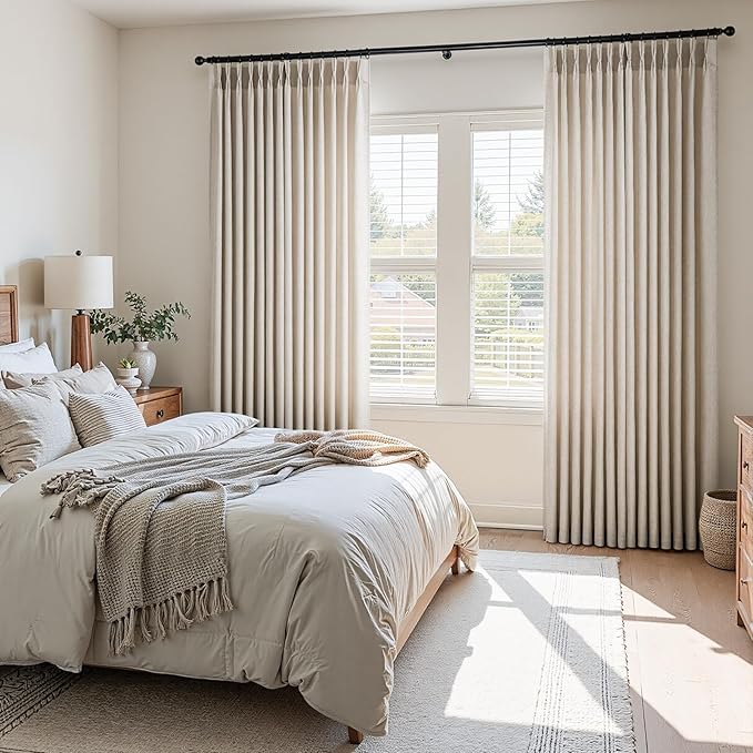 102 Inch Long Curtains Pinch Pleat Linen Curtains for Living Room 2 Panels Set,Beige Light Filtering Farmhouse Boho 102 Inch Pleated Semi Sheer Curtain with Hooks Floor Ceiling Bedroom Window