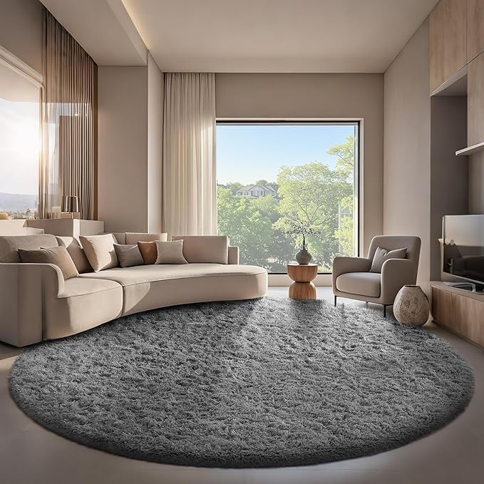 Ophanie Round Rug 8Ft Grey Circle Area Rugs,Large Fluffy Fuzzy Living Room Carpet 8 feet,Plush Shag Solid Indoor Floor Gray Bedroom Circular Decor for Kids Teen Boys Baby,with Over 99 pcs Pile fibers