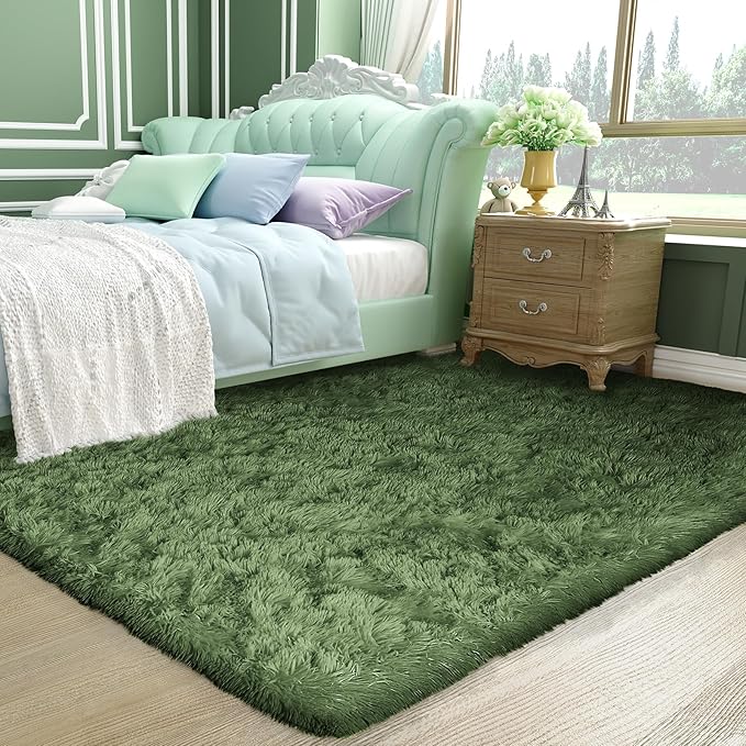 Ophanie Gray Green Rug Grass Area Rugs for Bedroom,4x6 Shag Fluffy Carpet,Fuzzy Furry Plush Soft Cute Kids Baby Girls Shaggy Bedside Floor Carpets for Teen Dorm Decor with Over 99 pcs Pile fibers