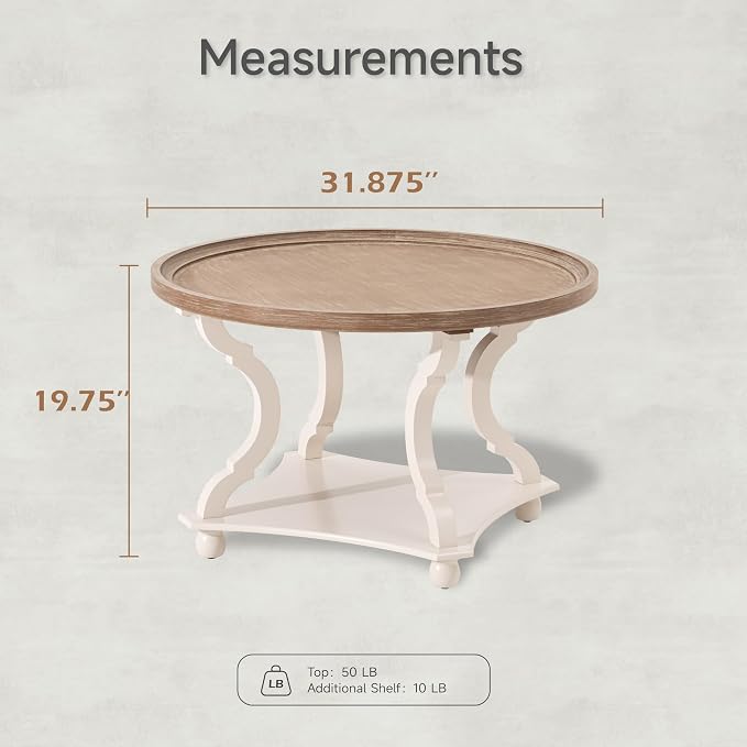 COZAYH Round Farmhouse Coffee Table, Wood Tray Top, White, Circle | Coffee Table with Storage, Rustic Coffee Table, Small Round End Table, Round Wood Accent Table