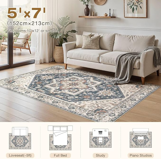 Area Rug for Living Room - 5x7 Washable Oriental Vintage Floral Distressed Large Soft Carpet - Fade Stain Resistant Non Slip Rugs for Bedroom Dining Room Nursery Dorm Office Home Decor - Vintage Blue