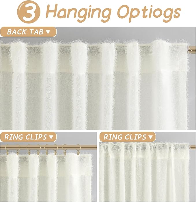 Cream Colored Shabby Chic Curtains 84 inches Long 2 Panel Set for Living Room Back Tab Semi Sheer Boho Farmhouse Curtain Cute Furry Nursery Bedroom Drapes Elegant Aesthetic Room Decor Ivory White