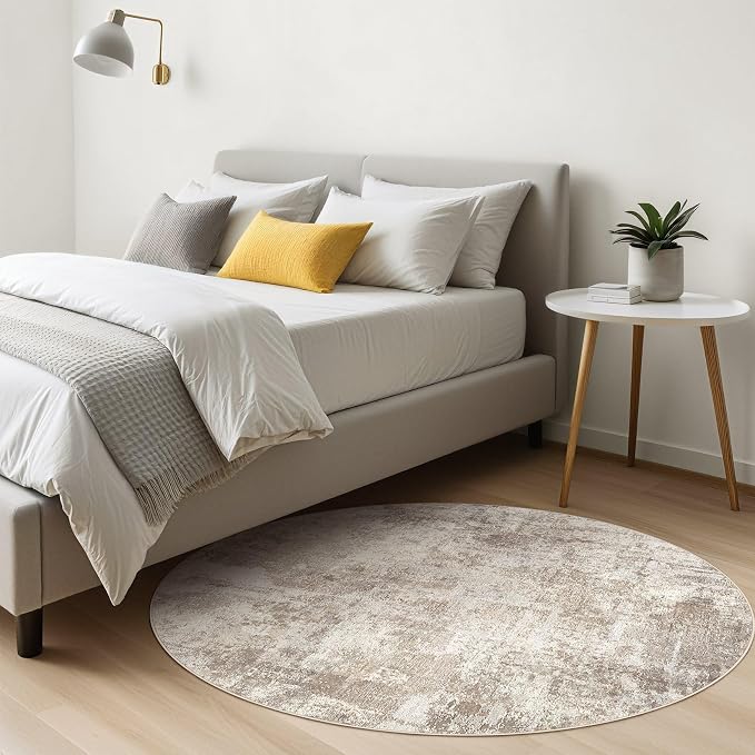 5ft Round Rug Living Room Rugs: 5x5 Washable Circle Abstract Modern Soft Stain Resistant Non-Slip Indoor Floor Carpet for Bedroom Nursery Office Dining Room Playroom Home House- Beige Brown