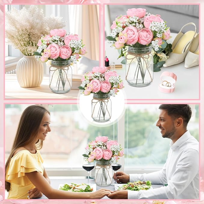 Zeyune 6 Sets Mason Jar Centerpiece Table Decorations, Artificial Peony Baby's Breath Flower Bouquets, Faux Flowers with Vase, Rustic Decor Gifts for Home, Wedding, Holiday (Light Pink)
