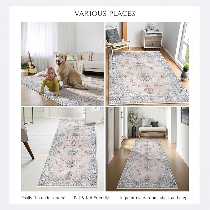 Lite Pink Oushak Large Area Rug 8x10 - Washable Boho Rug Vintage Turkish Non-Slip Carpet Non-Shedding Extra Large Area Rugs for Living Room, Dining, Bedroom, Lounge, Farmhouse
