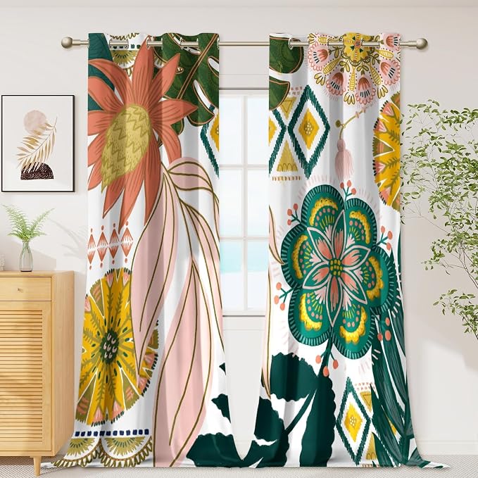Tyrot 100% Blackout Boho Floral Curtains 108 Inches Extra Long for Bedroom Mid Century Modern Botanical Black Out Curtains Room Darkening Grommet Top Thermal Insulated Window Drapes 2 Panels,52Wx108L