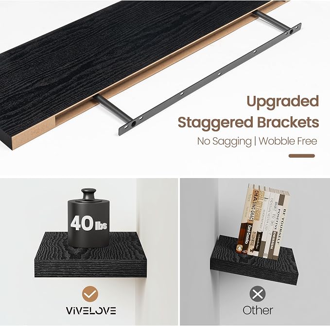 Vivelove 32 Inch Floating Shelves, Deep Wall Shelves with Invisible Brackets, Display Shlf for Bathroom Living Room Kitchen Bedroom Office Farmhouse Home Decor, 32" X 9.3" X 1.5" - Set of 2, Black