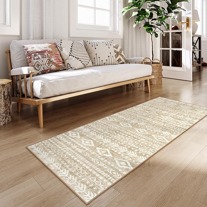 Lahome Boho Geometric Washable Runner Rug, 2x6 Low-Pile Tan Long Bathroom Runner Rug Non Slip Washable, Rustic Print Pattern Soft Bedroom Carpet Runner 6ft for Entryway Laundry Room Varena