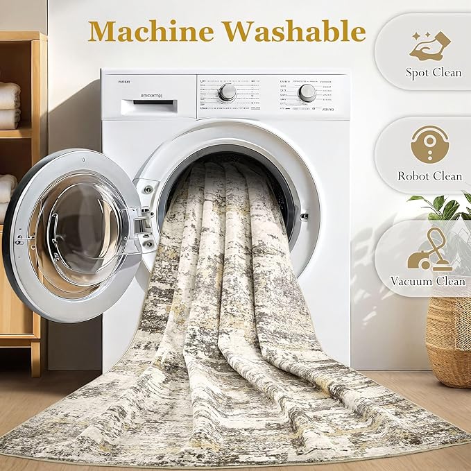 Area Rugs for Living Room: 10x10 Abstract Washable Rug Modern Neutral Large Soft Stain Resistant Non-Slip Backing Machine Table for Bedroom Dining Room Indoor Home Office Carpet - Gold Brown