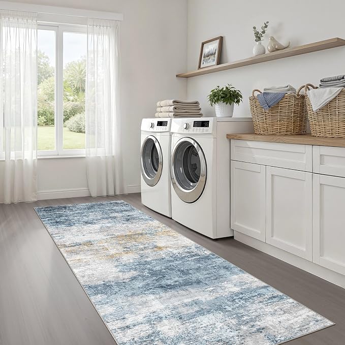 Runner Rug Non-Slip Kitchen Rug: 3x10 Washable Abstract Modern Soft Stain Resistant Indoor Floor Neutral Accent Throw Carpet for Hallway Bathroom Laundry Room Bedroom Entryway- Blue Gold