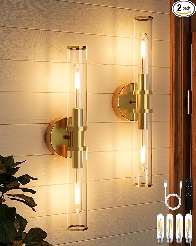 8000mAh Wireless Wall Sconces with Remote Control, Battery Operated Wall Sconce Set of 2 with Timer, Gold Rechargeable Dimmable Wall Lights for Living Room Bedroom Hallway Entryway 3000K, 20.5 Inch