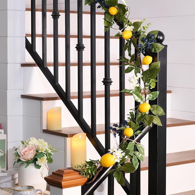 Valery Madelyn 6ft Artificial Lemon Garland for Mantel Summer Decor(Thin) | Faux Lemons Eucalyptus & Blueberry Summer Garland with Lights for Stairs Table Fireplace Farmhouse Kitchen Home Decor