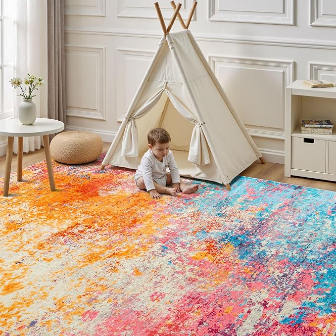 Rugflix 5x8 Area Rugs for Living Room, Washable Colorful Rainbow Rug Stain-Resistant Low Pile, Large Carpet Non-Slip for Kids Girls Room Nursery Bedroom Home Office