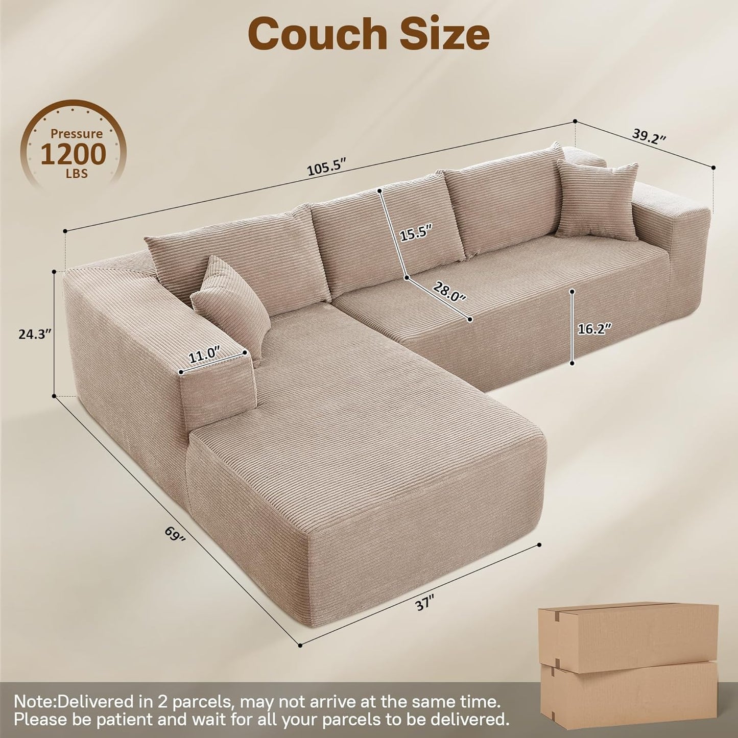 104" Cloud Sectional Couches for Living Room,L Shaped Boneless Couch in A Box,Sleeper Sofa with Comfy Chaise No Assembly Required,Camel