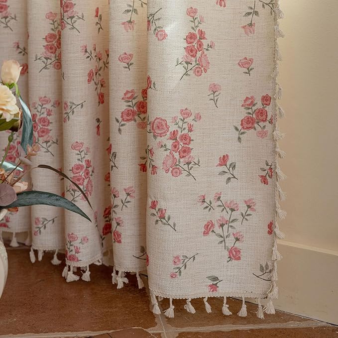 OYX Pink Floral Curtains 96 Inch Long 2 Panels, French Vintage Farmhouse Patterned Decor Window Drapes with Tassels, Light Filtering Semi-Sheer for Bedroom Living Room,Rod Pocket, 52W x 96L