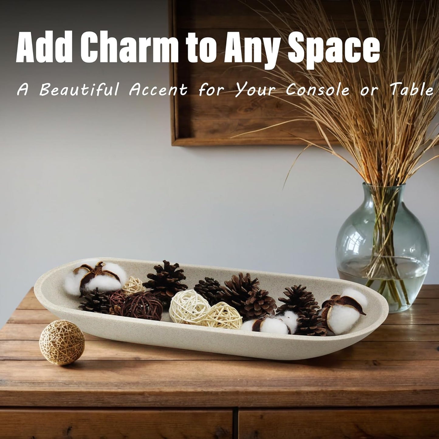 Large Decorative Bowl for Home Decor - Long Dough Bowl with Anti Slip Base for Table Centerpieces - Beige Minimalist Design Dough Decor Bowl for Coffee Table, Dining Table Centerpiece