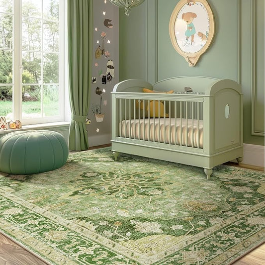 RELEANY Area Rugs 6'x8' Washable Non-Slip, Floral Vintage Distress Medallion Carpet for Living Room Bedroom Dining Room, Sage Green Yellow