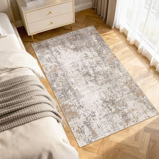 Area Rugs for Living Room: 3x5 Abstract Washable Rug Modern Neutral Large Soft Stain Resistant Non-Slip Backing Machine Table for Bedroom Dining Room Indoor Home Office Carpet - Brown Grey