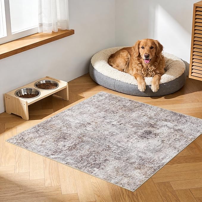 3 Square Area Rug: Washable Low Pile Carpet with Non Slip Backing Pet Friendly Rug for Living Room Bedroom Dining Room Durable Floor Mat for Homes with Kids Or Elderly (Brick Gray,3x3)