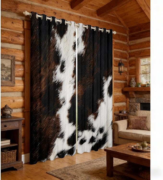 Brown Cowhide Window Curtains Western Black White Cow Print Curtains For Bedroom Living Room Bull Cattle Animal Fur Curtain Drapes Rustic Farmhouse Cowboy Window Treatments 2 Panels 42"Wx63"L