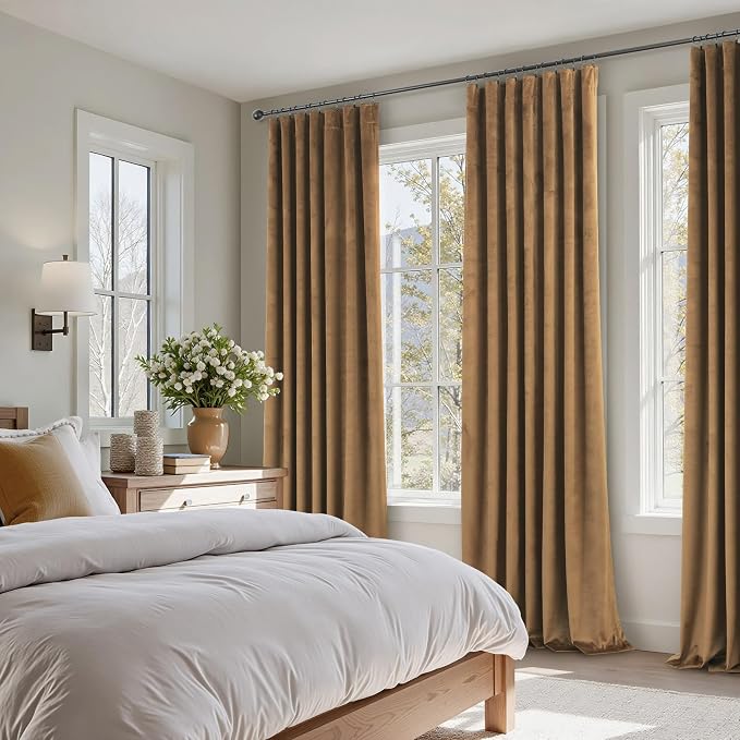Gold Brown Velvet Curtains 96 Inches Long for Bedroom 2 Panel Back Tab Rod Pocket Vintage Heavy Thick Thermal Insulated Light Reducing Floor to Ceiling Drape for Living Room 8FT Length Noise Reducing