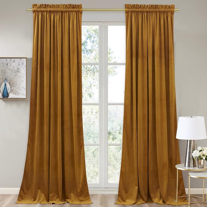 StangH Vintage Mustard Gold Thermal Insulated Velvet Curtains, 2 Panels | Luxury Fall Decor, 300GSM Soft Heavy Velvet, Room Darkening Privacy Bedroom Curtains, Halloween Living Room Decoration