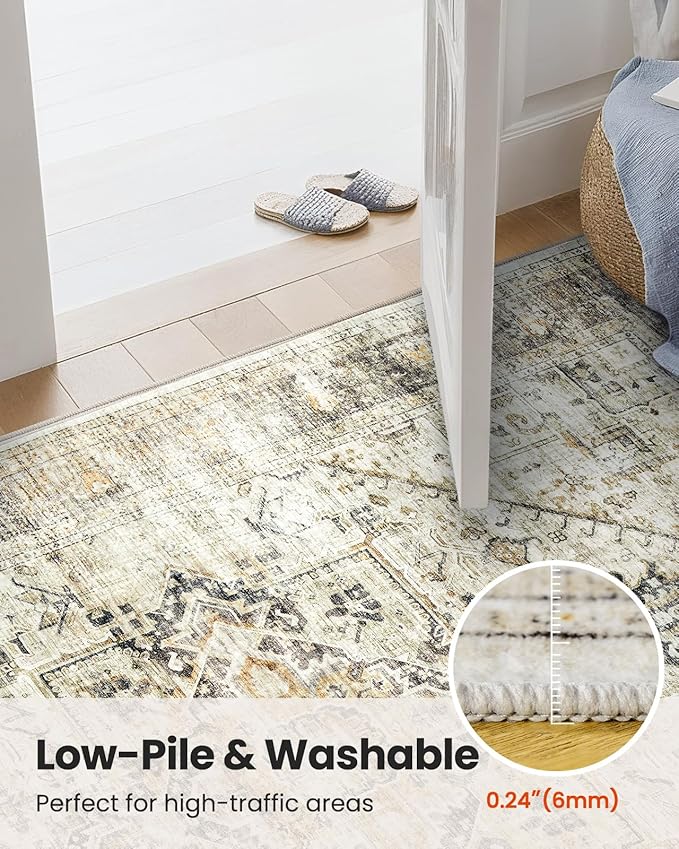 AMADA HOMEFURNISHING Washable Area Rug, Low-Profile Large Area Rug with Non-Slip Backing & Durable Edge Binding, Vintage Large Rugs for Living Room, Bedroom, Dinning Room, 9x12, Grey/Beige