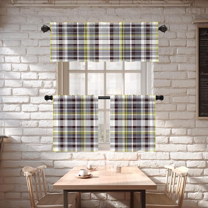 Shrahala Grunge Vintage Art Plaid Blackout Short Curtains for Windows,Tartan Grey Kitchen Curtains Sets for Windows Thermal Insulated Bathroom Window Curtain 2 Pack 52 X 16 in