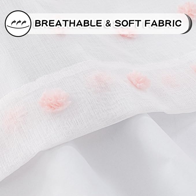 MYSKY HOME 100% Blackout Curtains for Nursery Thermal Insulated Pink Pom Pom Curtains 72 Inch Length for Girls Bedroom 2 Panels Grommet White Sheer Curtains for Dining Room Door, 52W x 72L