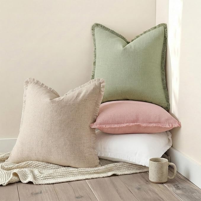 decorUhome Linen Fringe Throw Pillow Covers Set of 2 Decorative Pink Pillow Covers with Tassels Soft Accent Boho Farmhouse Pillow Cases for Couch Bed Sofa 20x20 Inch