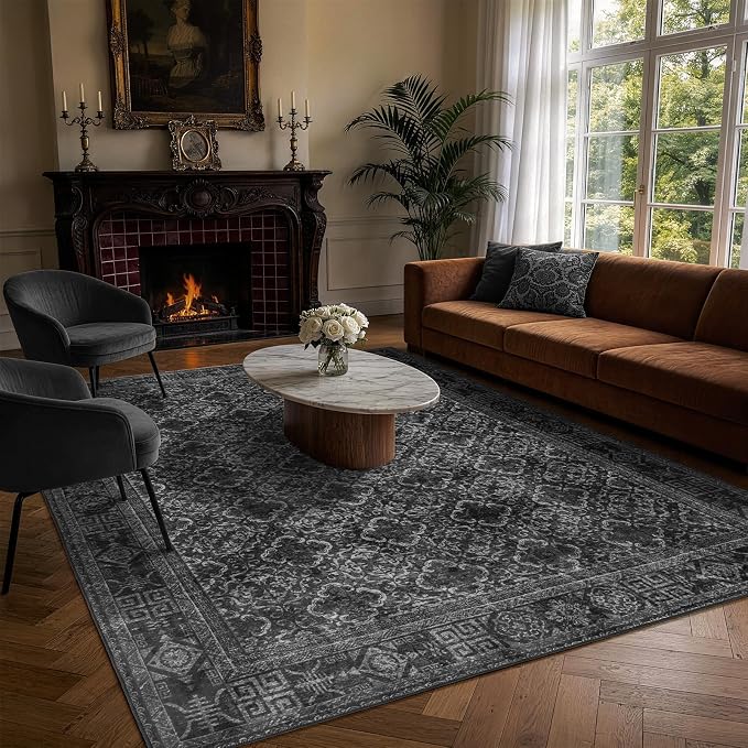 LIANLAM 6x9 Washable Area Rug, Vintage Boho Traditional Pattern, Non-Slip Stain Resistant Rug for Living Room Bedroom(6x9,Black/Boho)