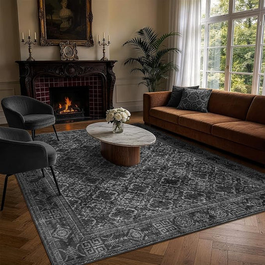 LIANLAM 5x7 Washable Area Rug, Vintage Boho Traditional Pattern, Non-Slip Stain Resistant Rug for Living Room Bedroom(5x7,Black/Boho)