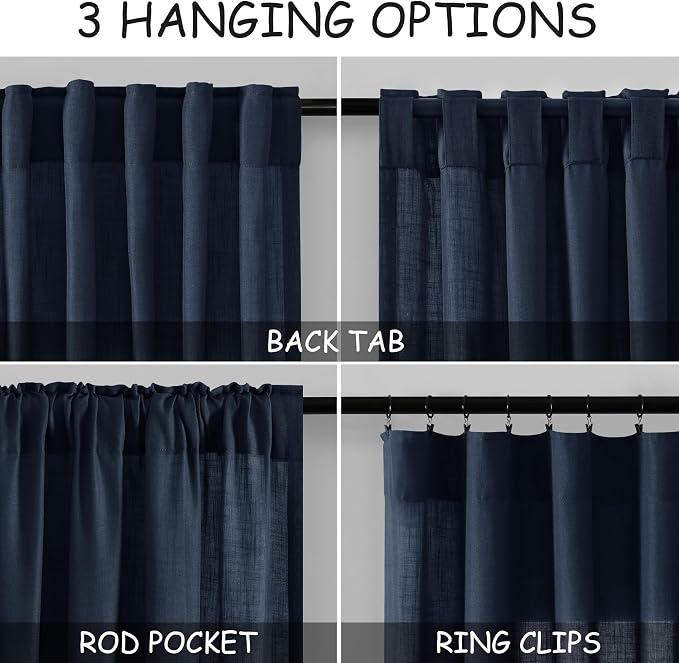 Linen Navy Blue Curtains 120 inch Extra Long for Living Room Back Tab Light Filtering Semi Sheer Drapes Modern Farmhouse Boho Decor Cotton Textured Curtain for Floor to Ceiling High Window 52x120