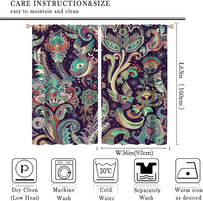Boho Curtains, Traditional Geometric Ethnic Style Beautiful Floral Pattern, Blackout Curtains Living Room Bedroom Dim Room, 2 Panel Set, 72x63 in.