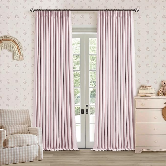 Pinch Pleated Pink Blackout Curtains 96 Inches Long for Girls Bedroom Living Room Thermal Insulated Pleated Room Darkening Light Blocking Linen 96 Inch Curtains Drape Window Panels Baby Pink Blush