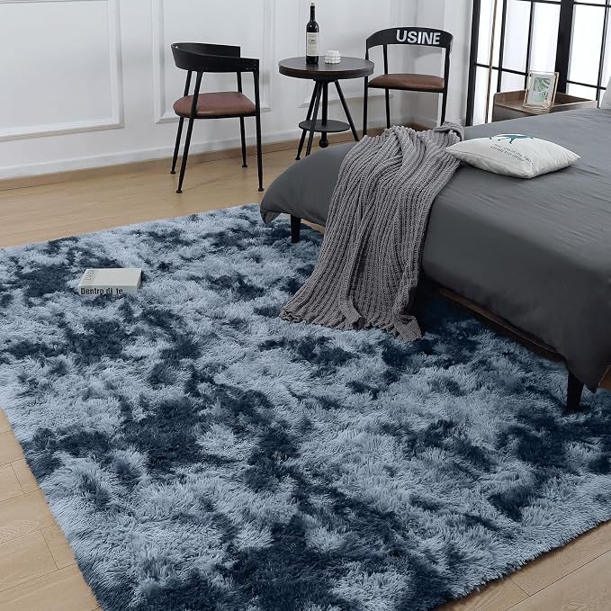 AROGAN Shag Carpets 2x6 Rug for Hallway, Washable Rugs Runners with Memory Foam for Bedroom, Entryway Indoor Fluffy Throw Rug for Beside Kids Girls Nursery Dorm, Blue and Grey