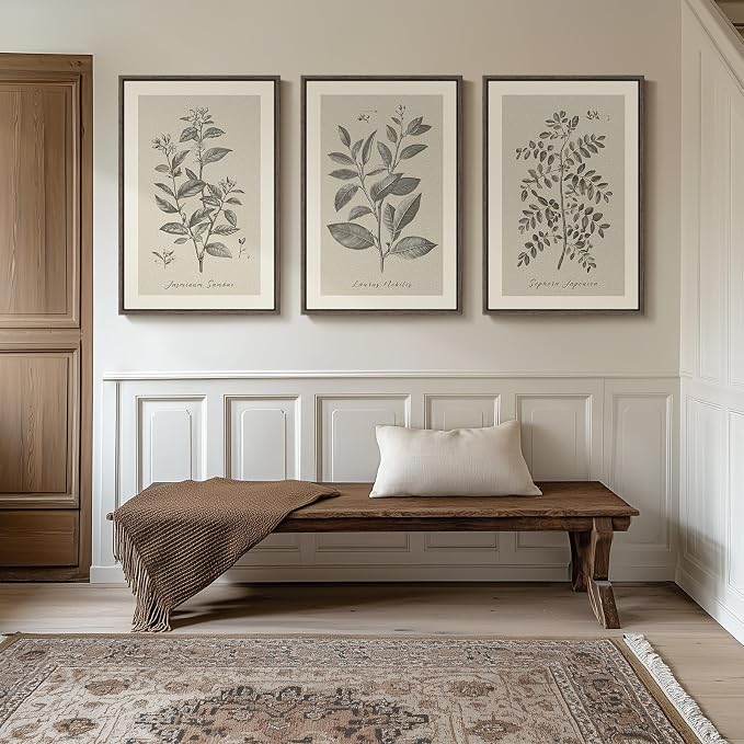 Large Framed Vintage Botanical Wall Art for Living Room, 3 Piece Rustic Farmhouse Plant Canvas Painting Prints Artwork, Neutral Natural Floral Pictures for Bedroom Kitchen Hallway Wall Decor, 24x36 In