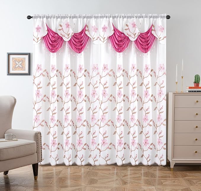 Petrichor Embroidered Sheer Curtain 2 Panels Set - Luxury Window Curtain Attached Valance with Satin Backing and 2 Tie Backs for Living Room,Dining Room, 54x95 inches, Rose