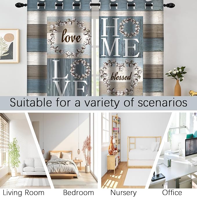 Rustic Floral Flower Sweet Love Home Blackout Curtains, Farmhouse Country Vintage Wood Plank Door Grommet Window Drapes for Living Room Bedroom Decor 2 Panels 52"x63" Inch